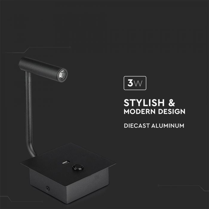 CIL INTERIOR APLICA LED 3000K 3W 180 lm INTR. SI USB PORT D:120x120x45mm NEAGRA VT